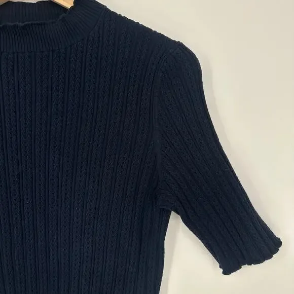 Boden Pointelle Rib Knit Mock Neck Top Knit Short Sleeve Lettuce Trim Sweater - Picture 6 of 10